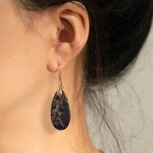 Women's Black Gold Hook Natural Healing Stone Fishhoop Dangle Drop Earrings
